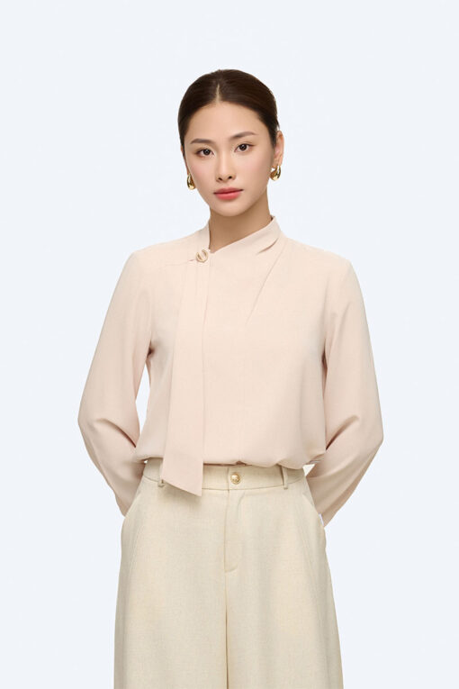 Sơ mi DT cổ luồn nơ đính cúc