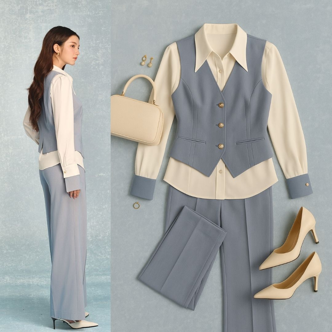 Sơ mi DT vai xếp ly kèm măng sét phối sơ mi dài tay