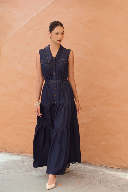 Đầm maxi SN cổ nằm nhúm bèo 3 tầng