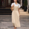 Đầm xoè phối tay liền cá vai đính cúc
