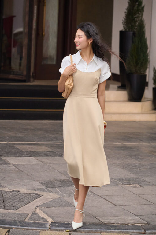 Đầm xoè phối tay liền cá vai đính cúc