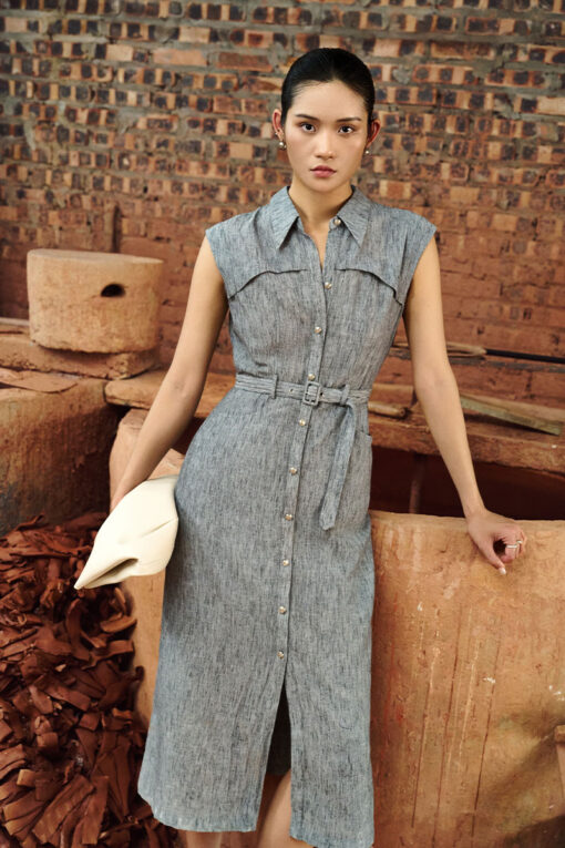 Đầm xoè vai chờm bong ngực kèm đai