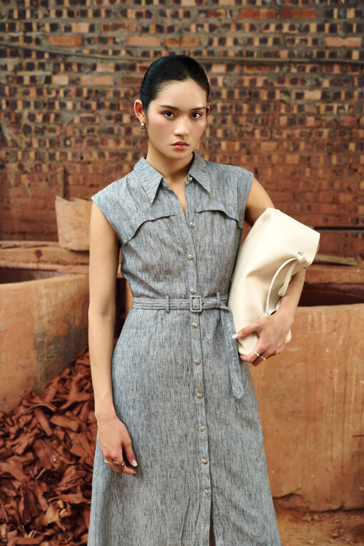 Đầm xoè vai chờm bong ngực kèm đai