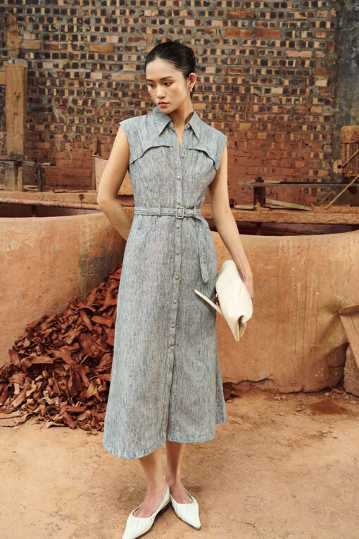 Đầm xoè vai chờm bong ngực kèm đai