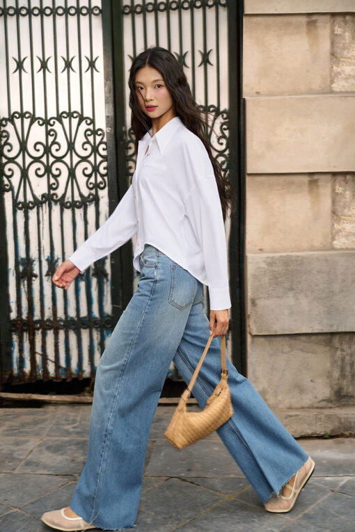 Quần jean suông cắt gấu xoã