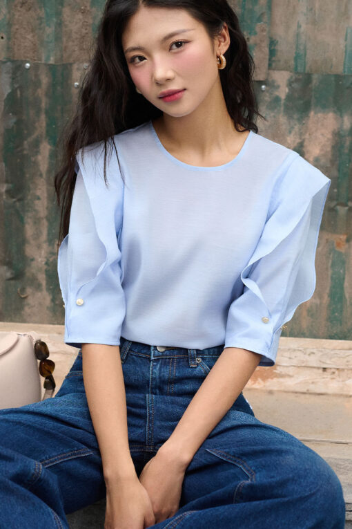 Sơ mi LT cổ tròn tay bong cách điệu