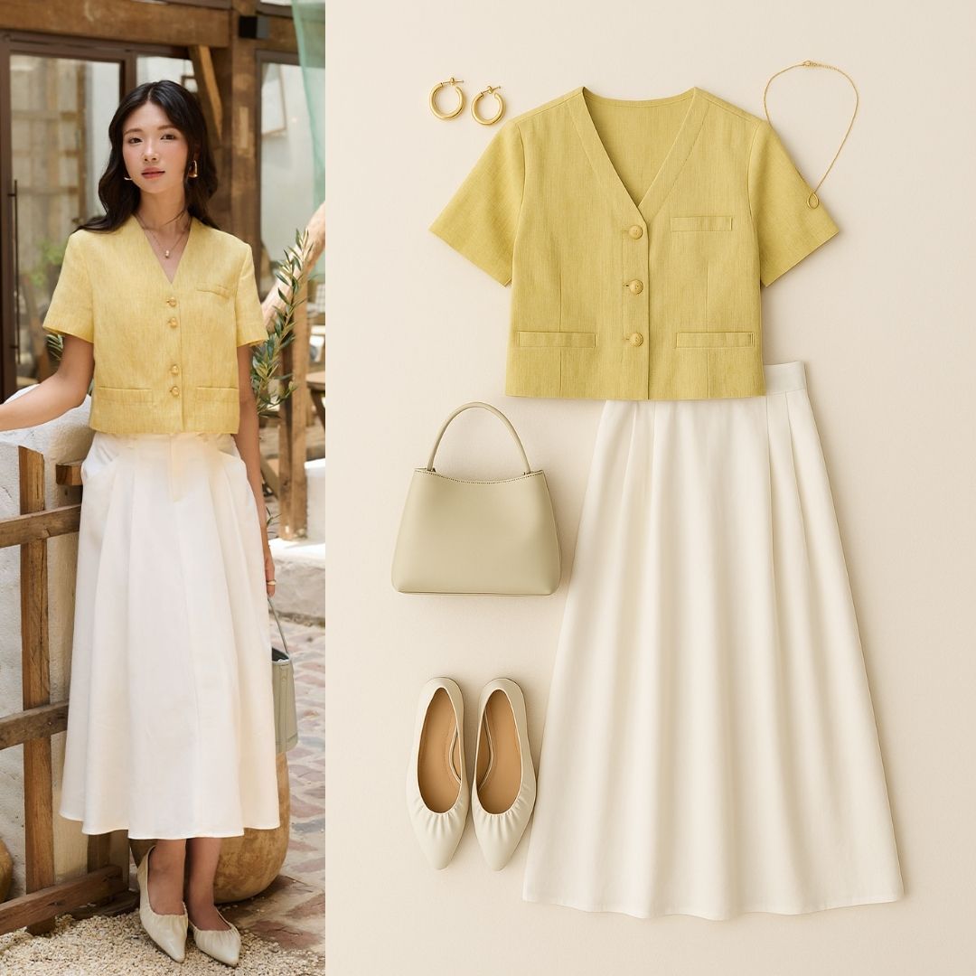 Áo kiểu CT croptop cúc đôi túi ốp gấu áo kiểu croptop