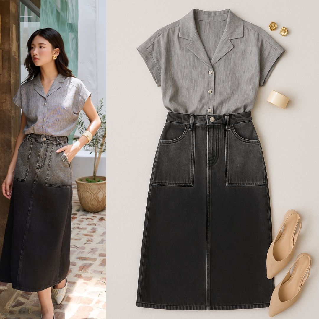 Chân váy jean loang màu đậm nhạt chân váy jean suông