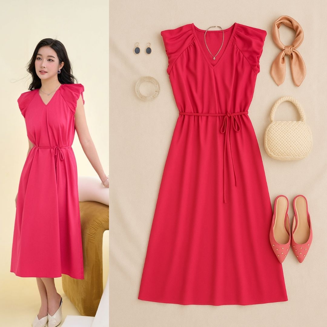 Đầm xoè cổ V vai bom chờm eo buộc dây đầm xòe cổ V