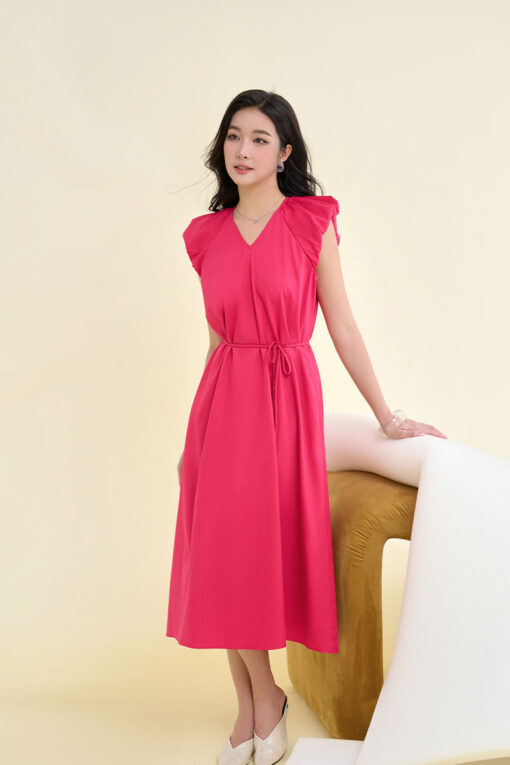 Đầm xoè cổ V vai bom chờm eo buộc dây