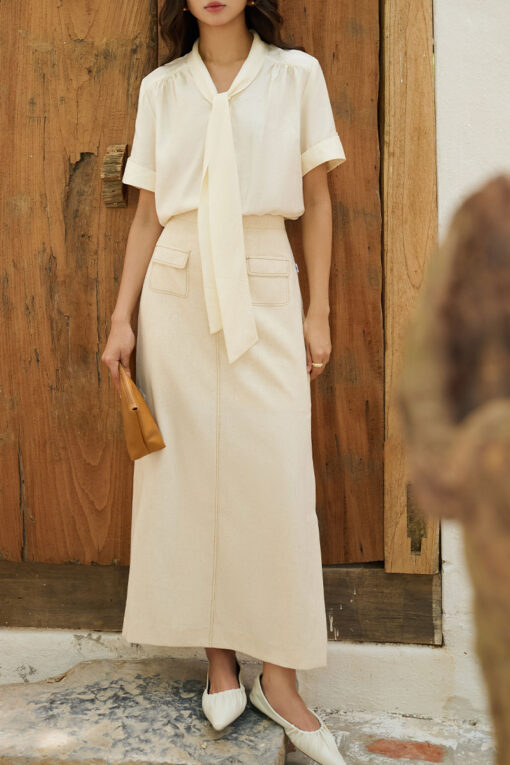 Sơ mi CT cổ buộc nơ măng sét chập