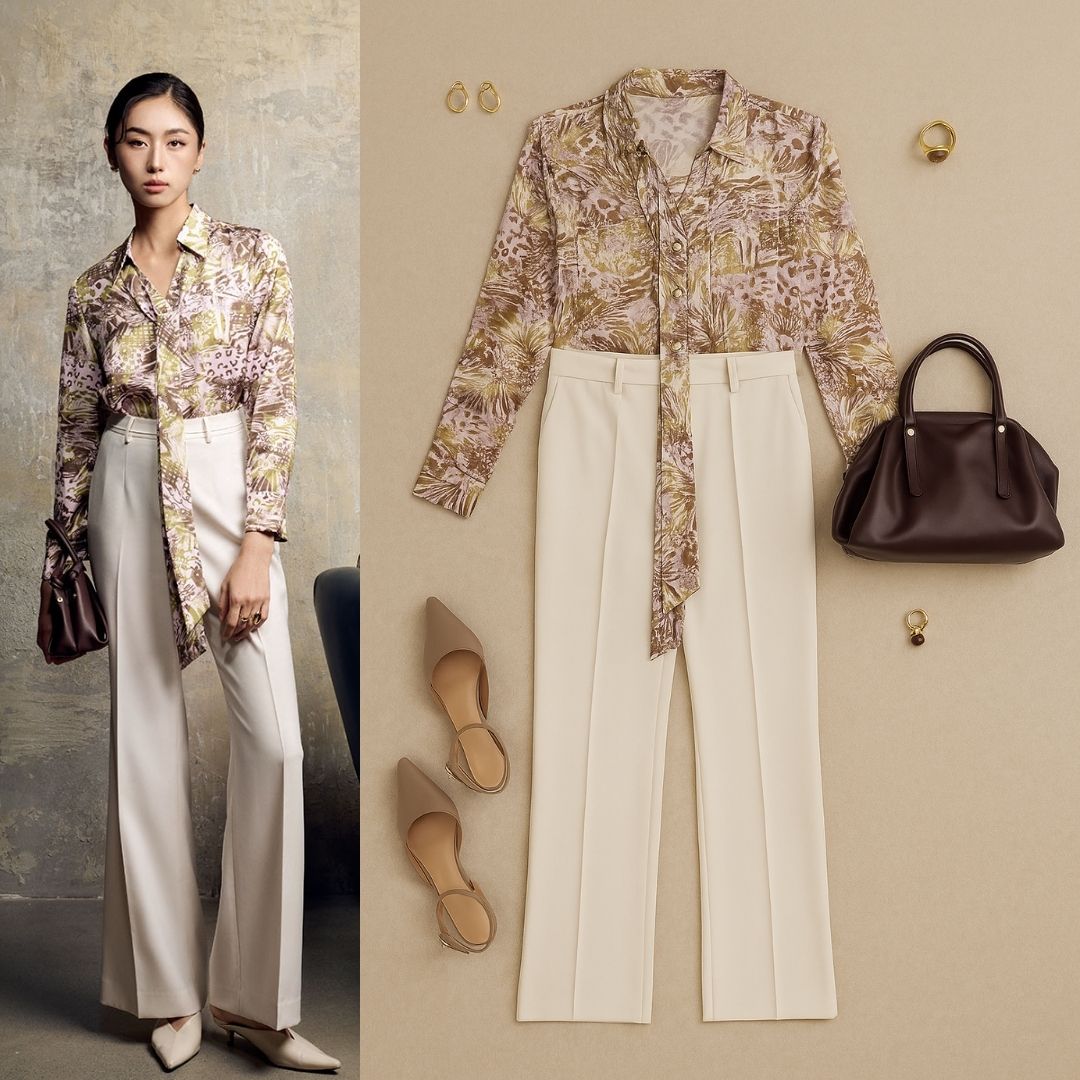 Sơ mi DT hoạ tiết, cổ buộc nơ sơ mi họa tiết