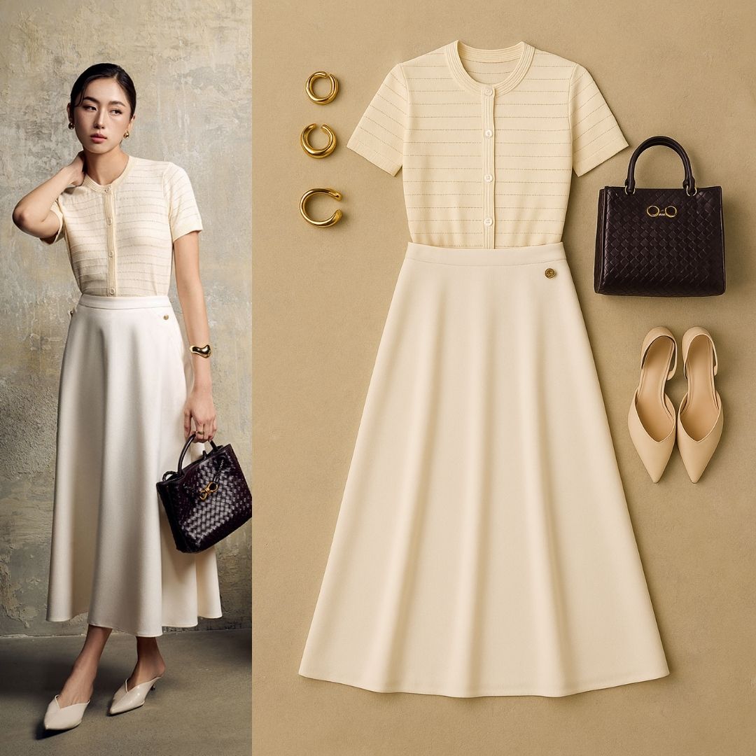 Chân váy xoè bong miệng túi đính cúc chân váy xòe