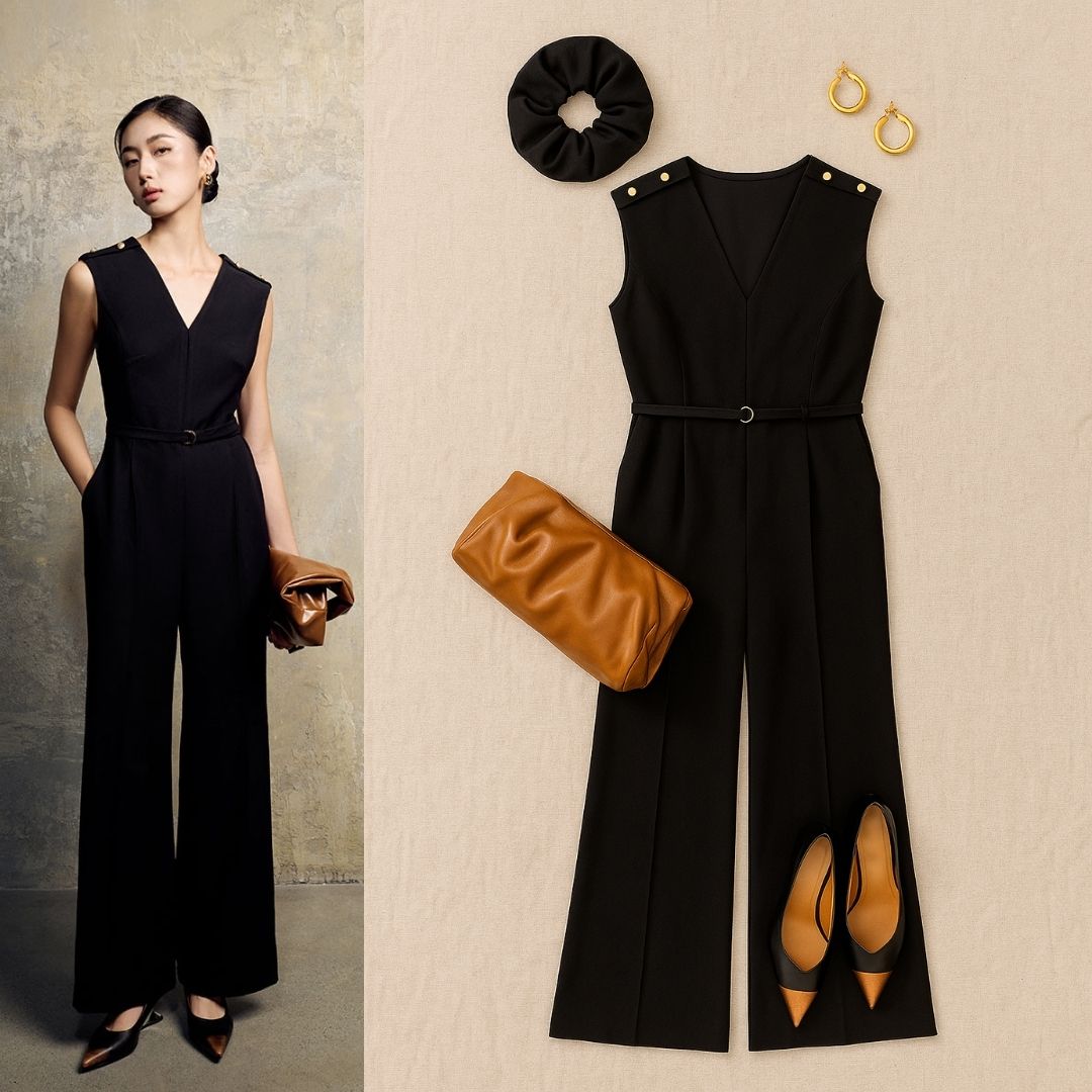 Jumpsuit sát nách cổ V túi chéo jumpsuit sát nách