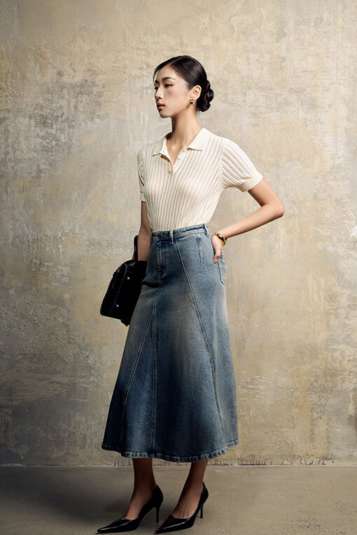 Áo len CT dệt kẻ lỗ, bo gấu