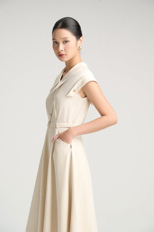 Đầm xoè đai eo vai bong đính cúc