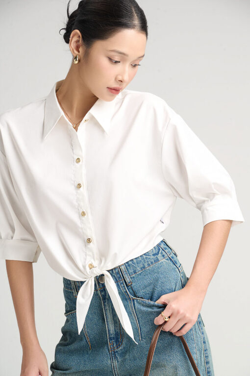 Sơ mi CT dáng thụng buộc nơ eo