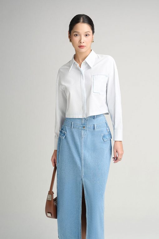 Sơ mi DT croptop túi ốp thêu