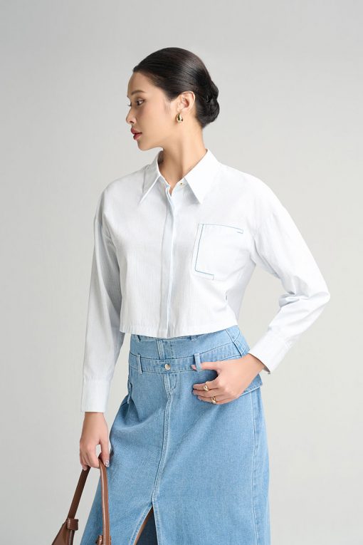 Sơ mi DT croptop túi ốp thêu