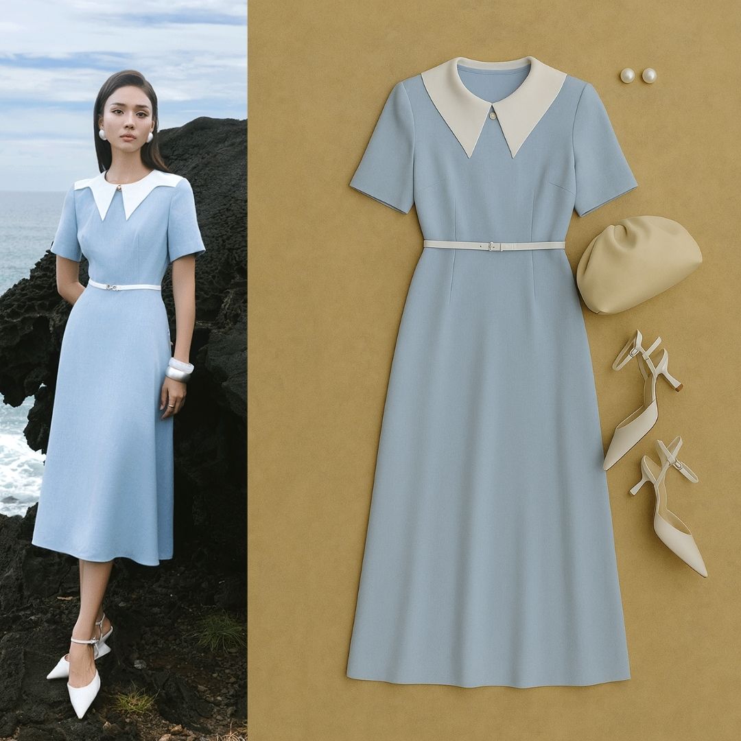 Đầm xoè cổ phối cách điệu đầm xòe cổ phối