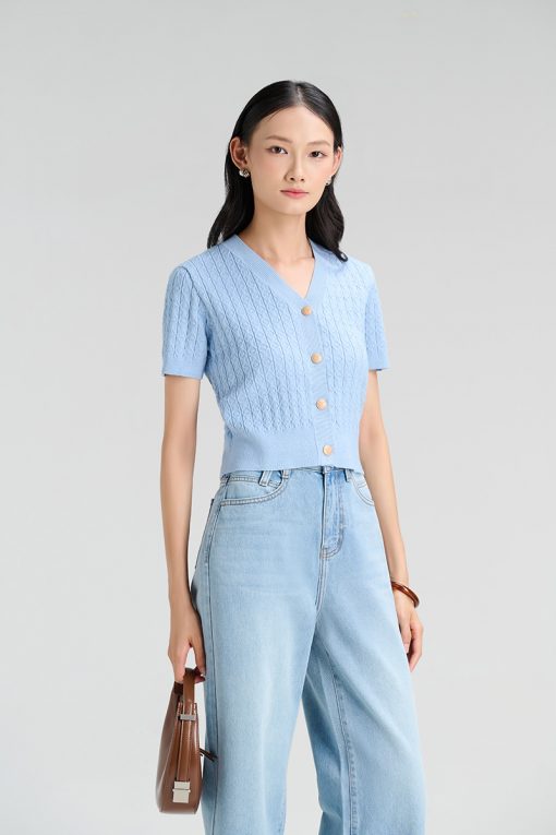 Áo len CT cổ tim dệt sóng dọc