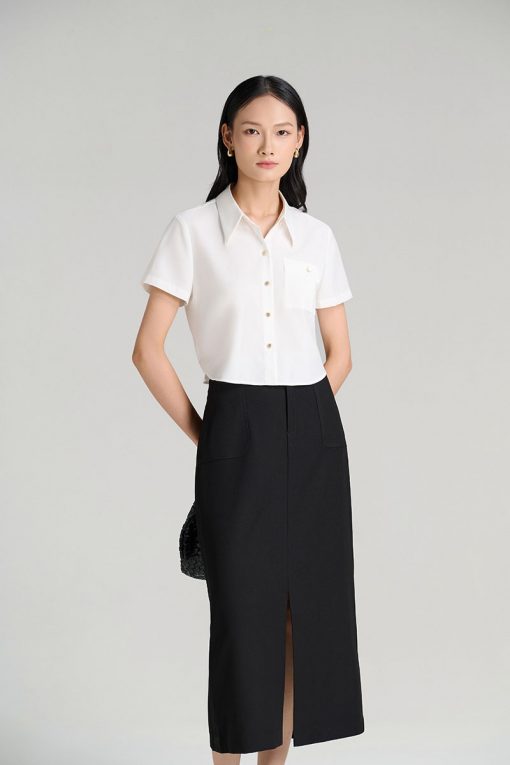 Sơ mi CT croptop túi ốp xếp đính cúc