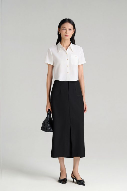 Sơ mi CT croptop túi ốp xếp đính cúc