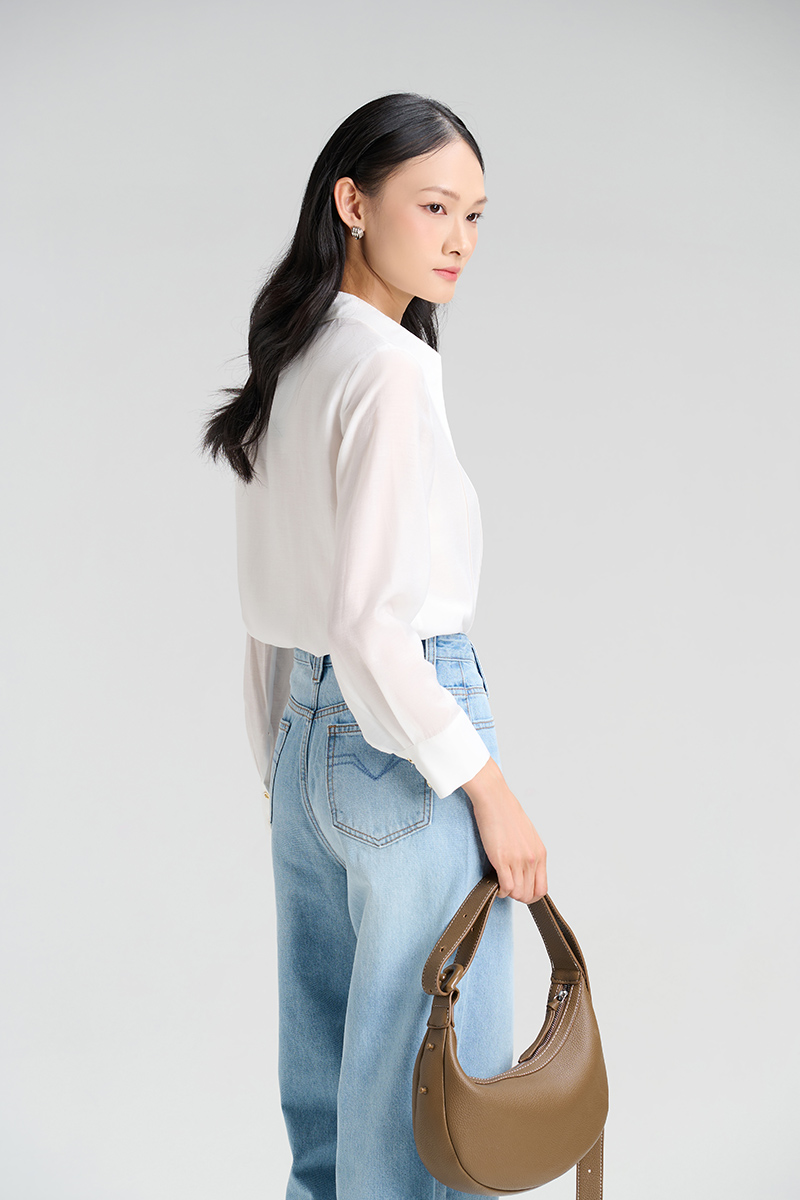 Quần jean suông đỉa cạp cách điệu Sơ mi DT bấu mí thân trước