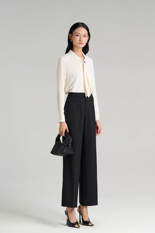 Sơ mi DT cổ luồn nơ đính cúc trang trí