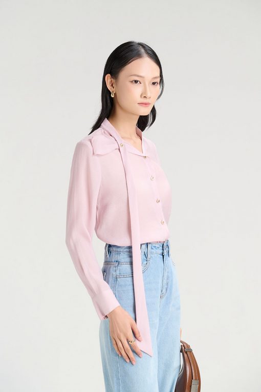 Sơ mi DT cổ nơ lệch tà buông