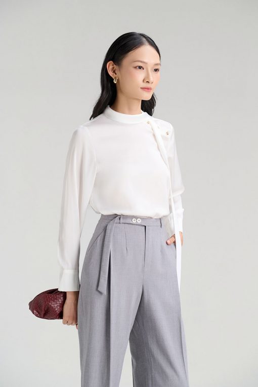 Sơ mi DT mở cúc vải, cổ buộc nơ