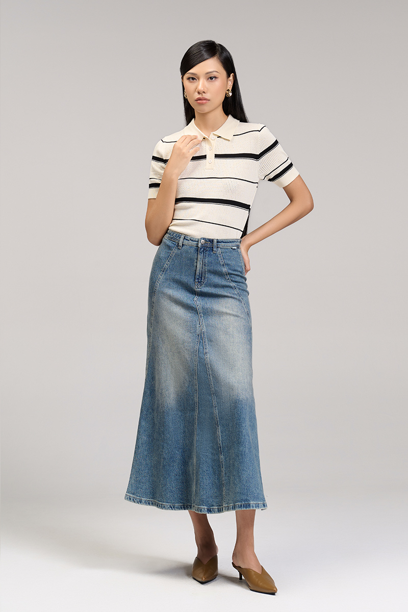 Chân váy jean xoè bổ can tạo múi Chân váy jean xoè bổ can tạo múi