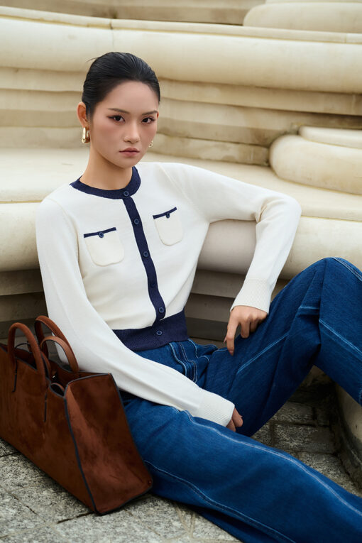 Áo Len DT croptop phối màu, túi ốp ngực