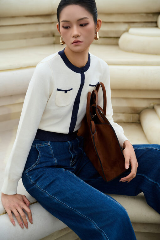 Áo Len DT croptop phối màu, túi ốp ngực