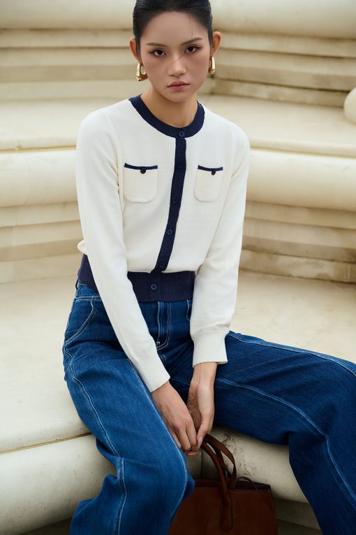 Áo Len DT croptop phối màu, túi ốp ngực