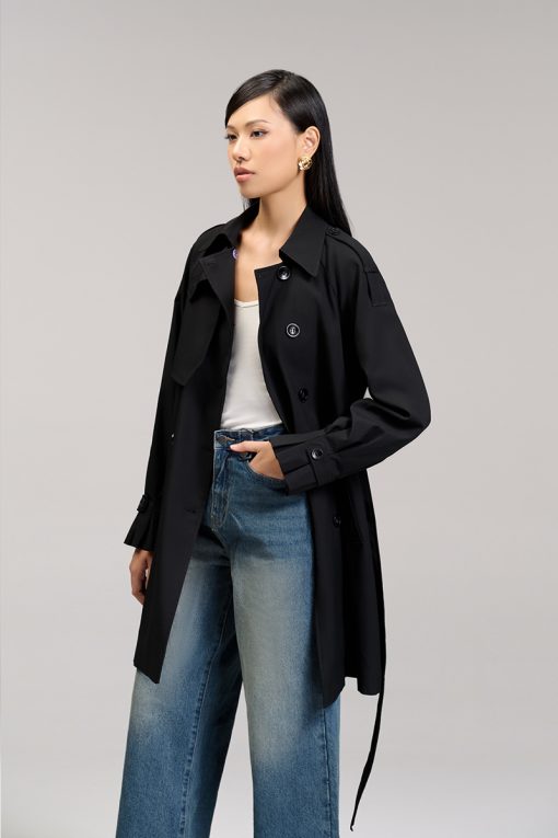 Áo khoác kaki dáng lửng tay raclang eo buộc đai