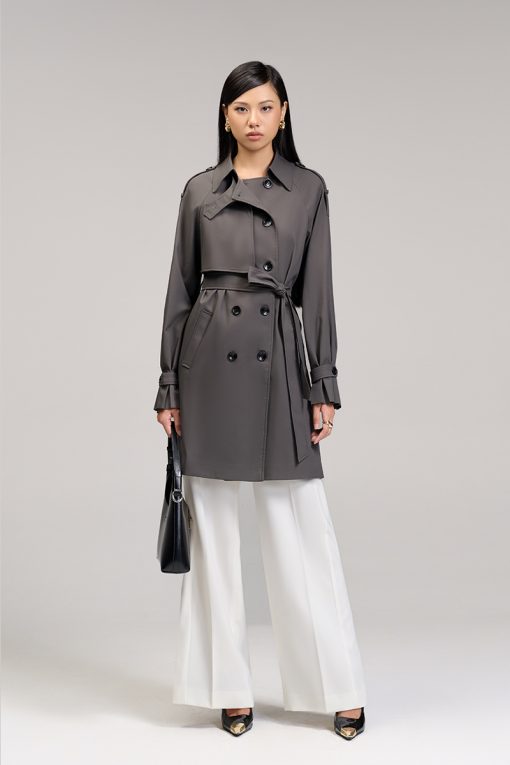 Áo khoác kaki dáng lửng tay raclang eo buộc đai