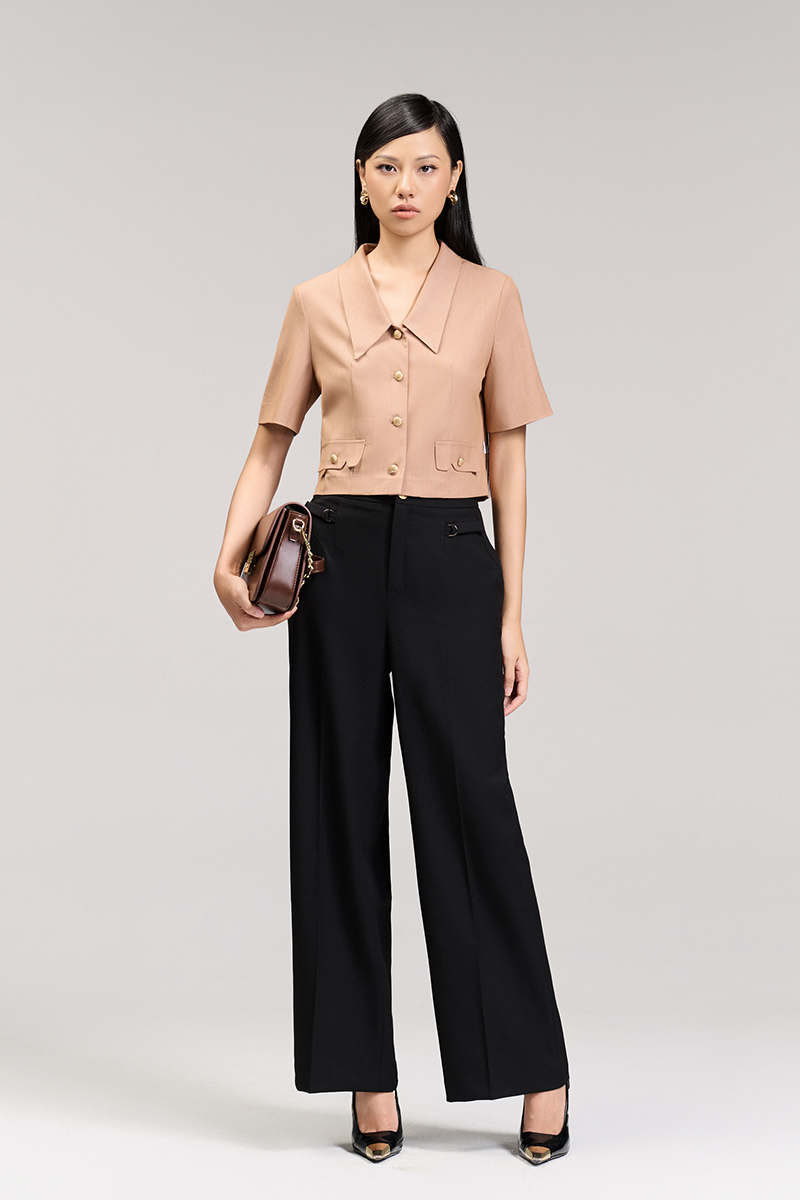 Áo kiểu CT croptop cổ bẻ V Quần suông sườn kẹp dây D trang trí