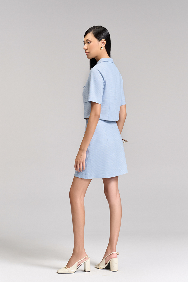 Chân váy A nẹp đắp đính cúc Áo kiểu CT croptop lá cổ nằm, cơi giả