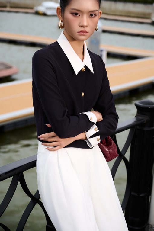 Áo kiểu DT croptop phối cổ tay lơ vê