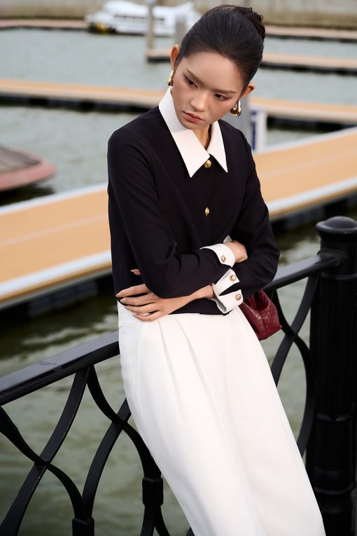 Áo kiểu DT croptop phối cổ tay lơ vê