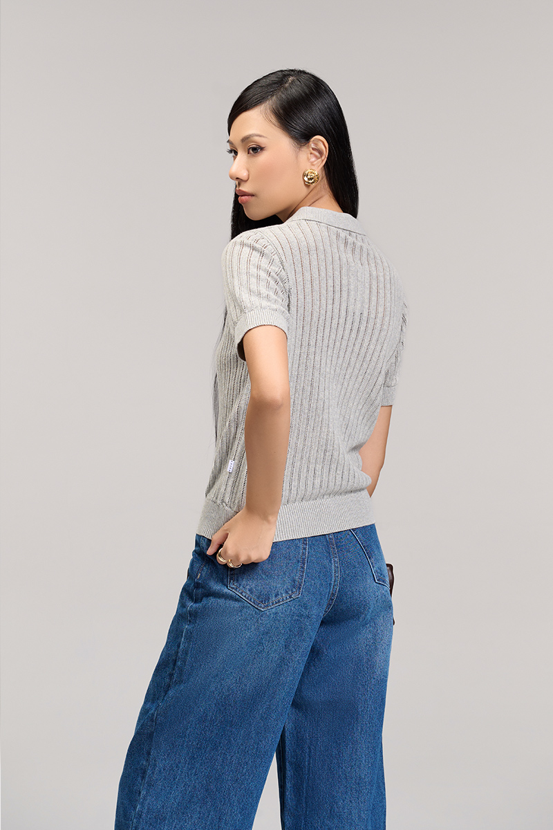 Áo len CT dệt kẻ lỗ, bo gấu Áo len CT dệt kẻ lỗ, bo gấu