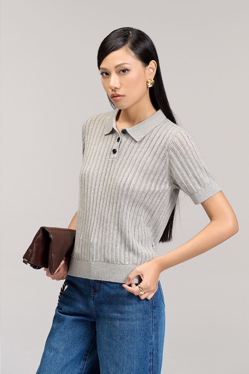 Áo len CT dệt kẻ lỗ, bo gấu Áo len CT dệt kẻ lỗ, bo gấu