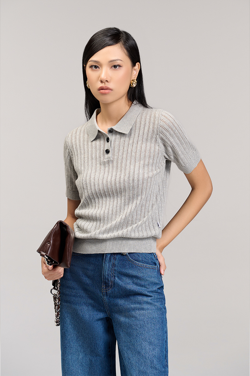 Áo len CT dệt kẻ lỗ, bo gấu Áo len CT dệt kẻ lỗ, bo gấu