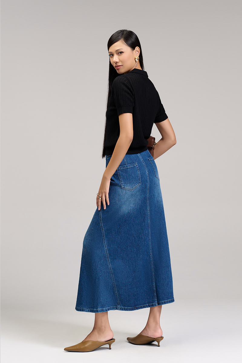 Chân váy jean xoè bổ can tạo múi Áo len CT dệt kẻ lỗ, bo gấu