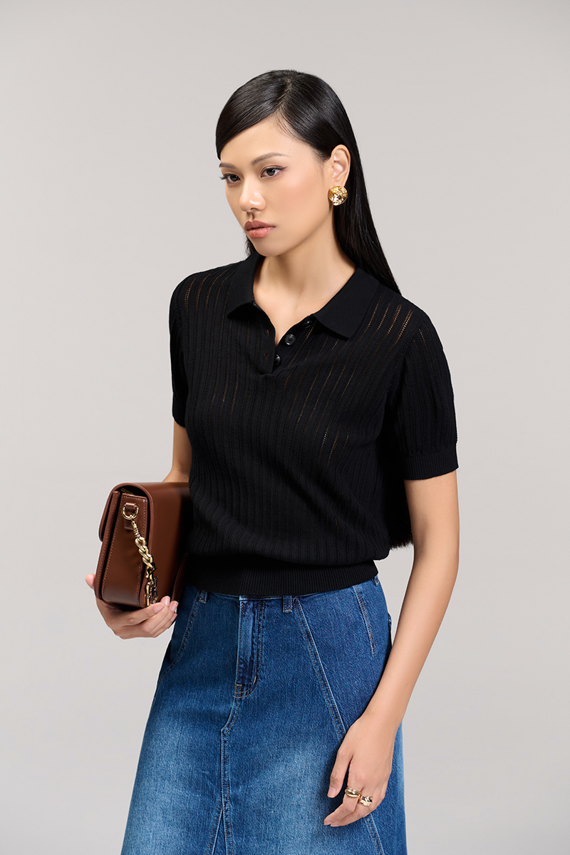 Áo len CT dệt kẻ lỗ, bo gấu Áo len CT dệt kẻ lỗ, bo gấu