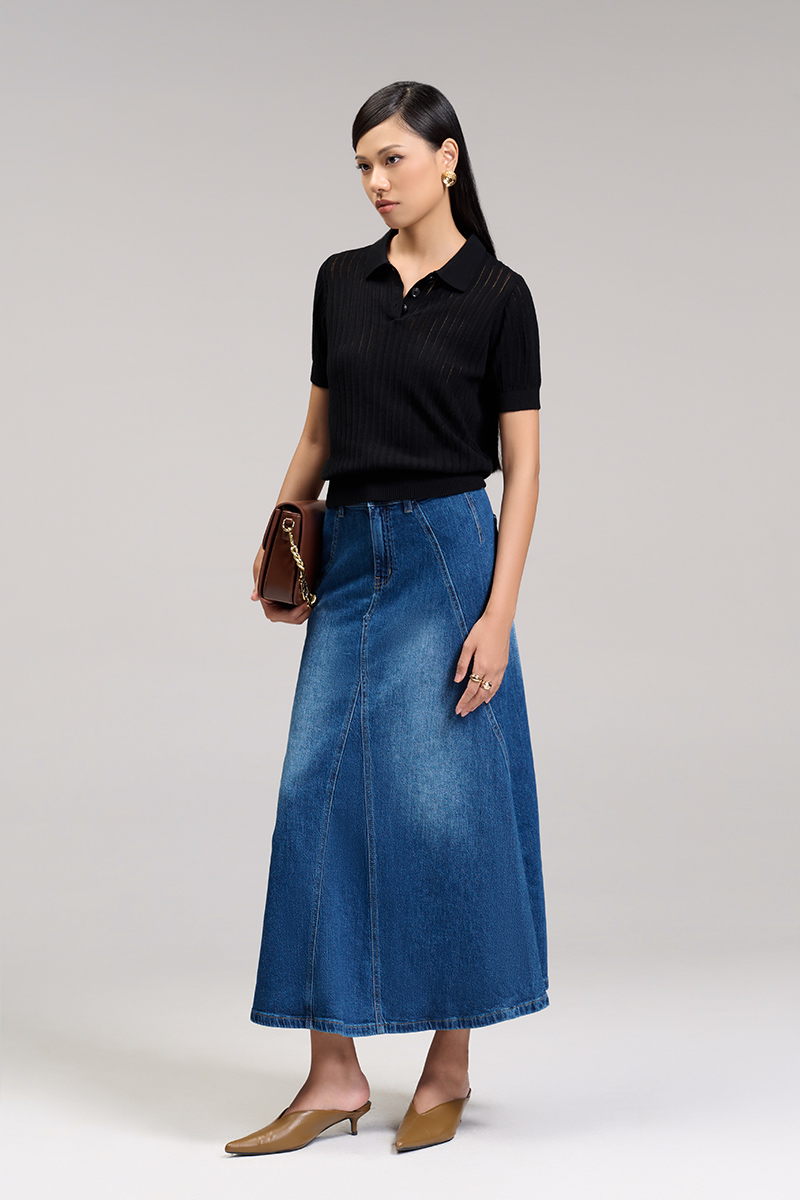 Chân váy jean xoè bổ can tạo múi Chân váy jean xoè bổ can tạo múi