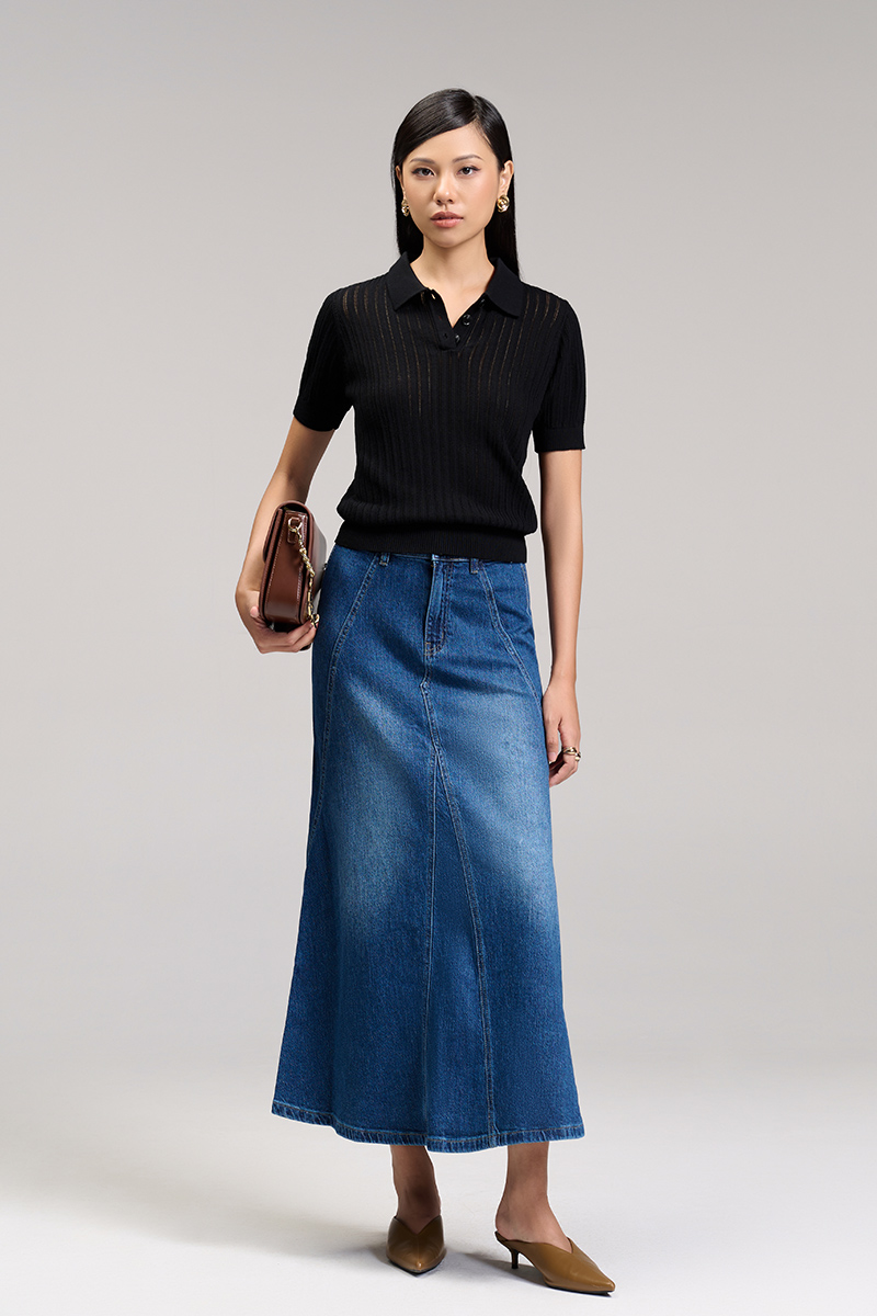 Chân váy jean xoè bổ can tạo múi Áo len CT dệt kẻ lỗ, bo gấu