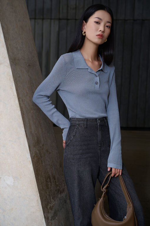 Áo len DT dệt lỗ cổ bẻ trụ 3 cúc