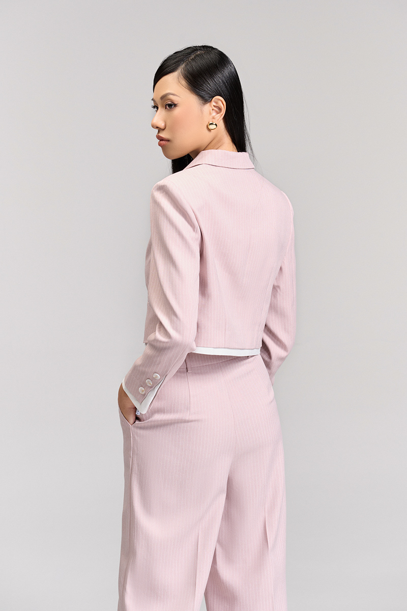 Quần suông túi chéo quai nhê vát cong Áo vest croptop kẻ phối gấu